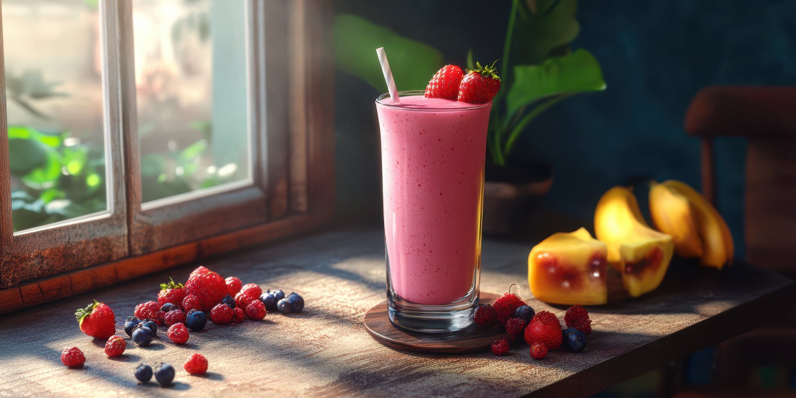 Refreshing berry smoothie garnished with raspberries in a cozy kitchen setting with natural light
